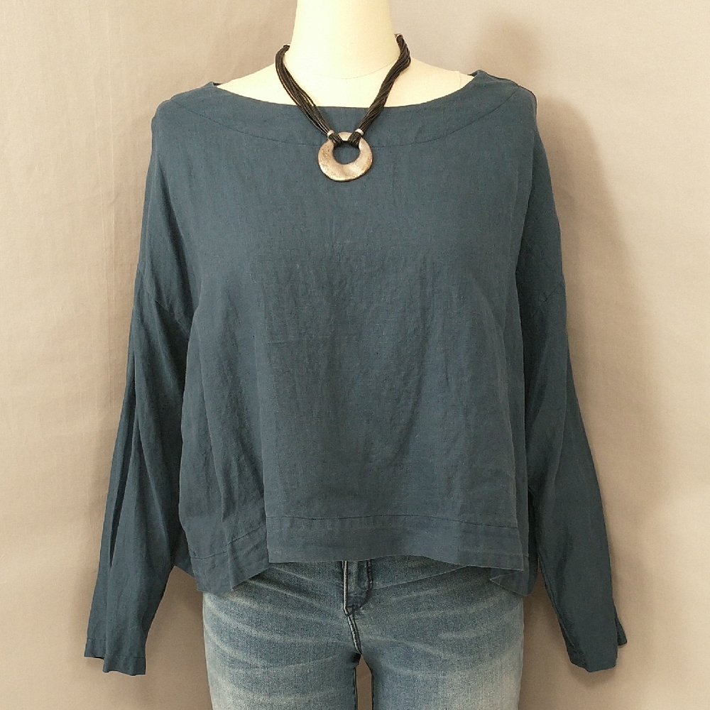 USA Made 100% Linen Oversized Crop Short Top Bryn Walker Blouse Blue Loose Fit